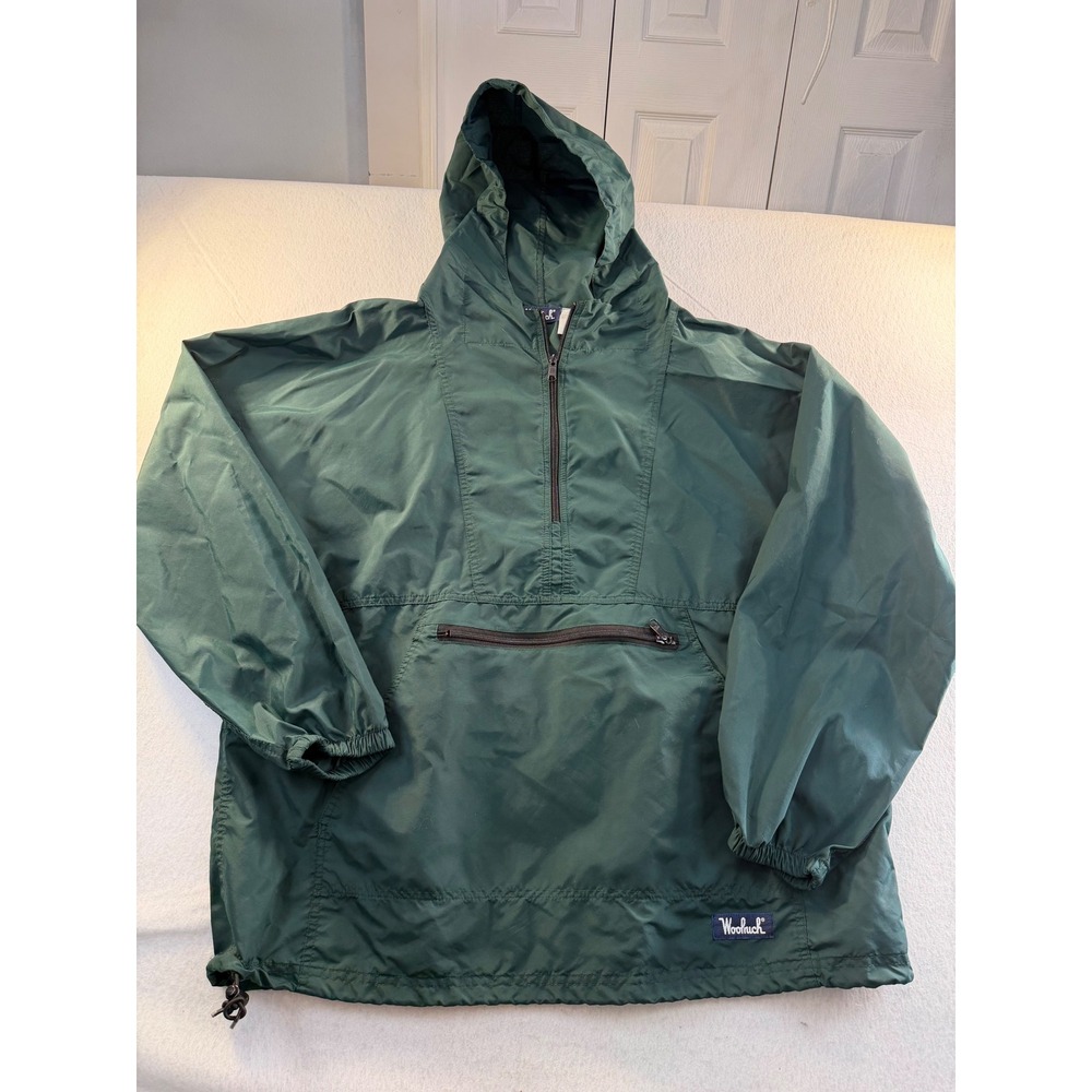 Woolrich Vintage Mens XL Green Nylon Anorak Hooded Windbreaker Half Zip Jacket